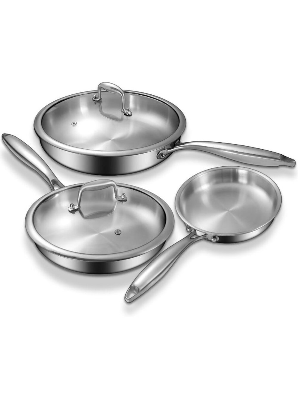 Tri-Ply Stainless Steel Frying Pan Set with Lid - 8”, 10”, 12” Skillets